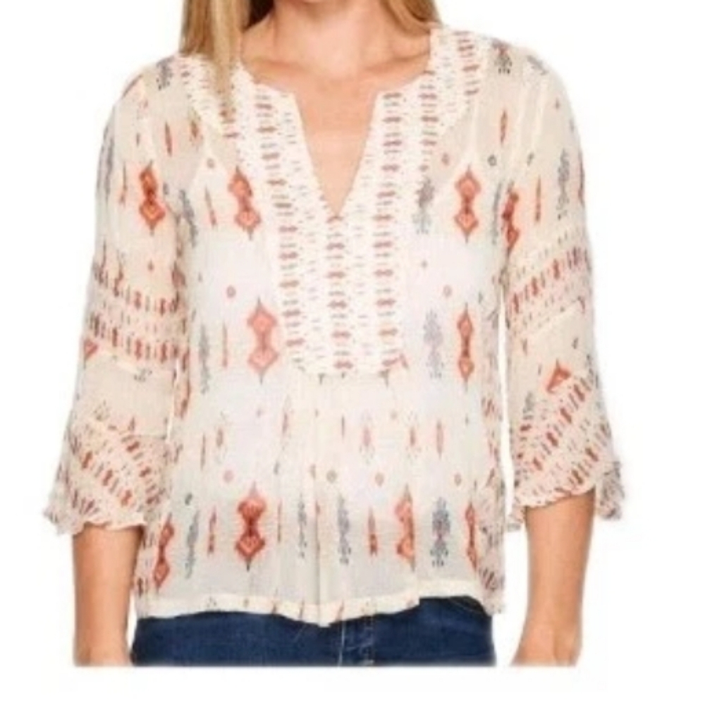 Lucky Brand Aztec Tribal Natural Sheer Blouse Large V-Neck Coastal Cowgirl Nwt